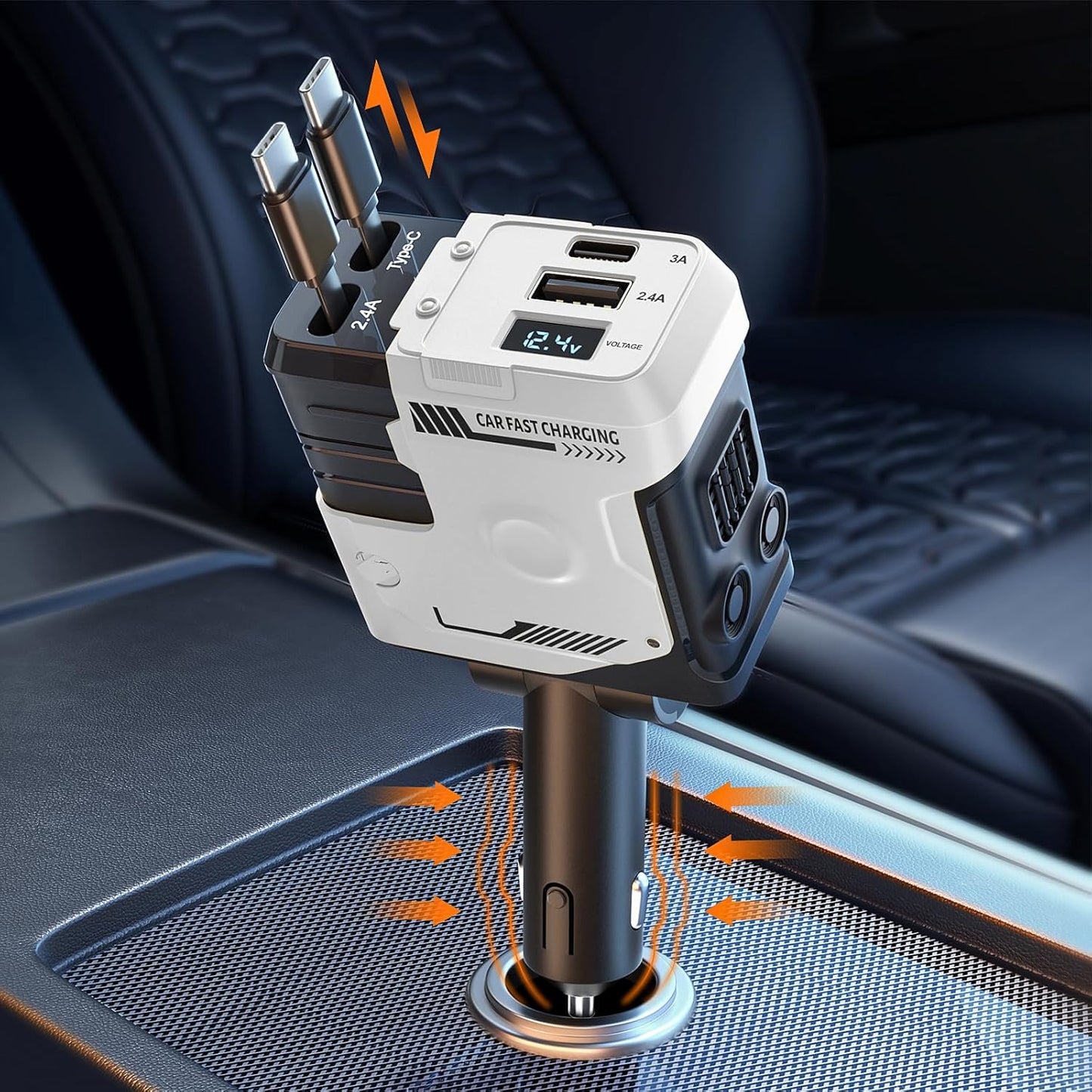 Chargeur de voiture ultra-rapide 120 W / câble rétractable – restez branché, sans encombrement.