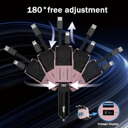 Chargeur de voiture ultra-rapide 120 W / câble rétractable – restez branché, sans encombrement.