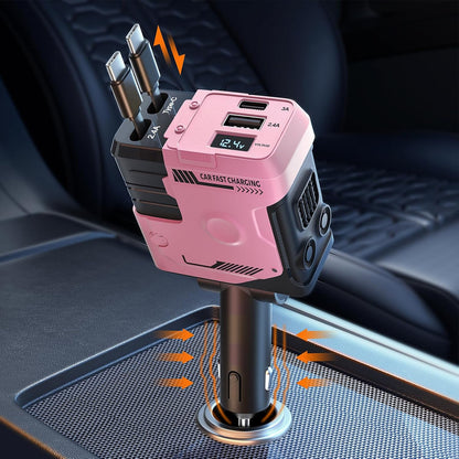 Chargeur de voiture ultra-rapide 120 W / câble rétractable – restez branché, sans encombrement.