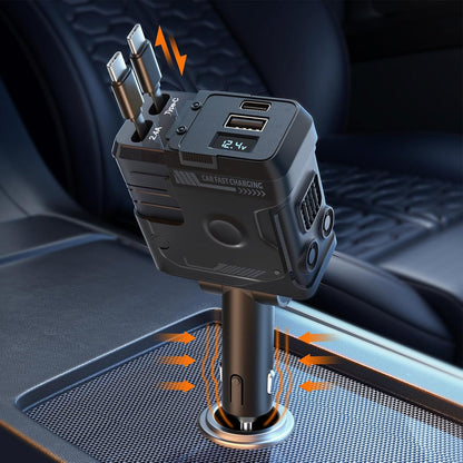 Chargeur de voiture ultra-rapide 120 W / câble rétractable – restez branché, sans encombrement.