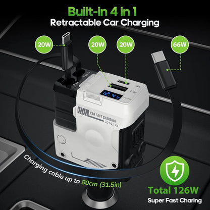 Chargeur de voiture ultra-rapide 120 W / câble rétractable – restez branché, sans encombrement.
